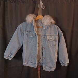 Fur lined jean jacket with removable fur lined hood Girls Sz Small (8/9)